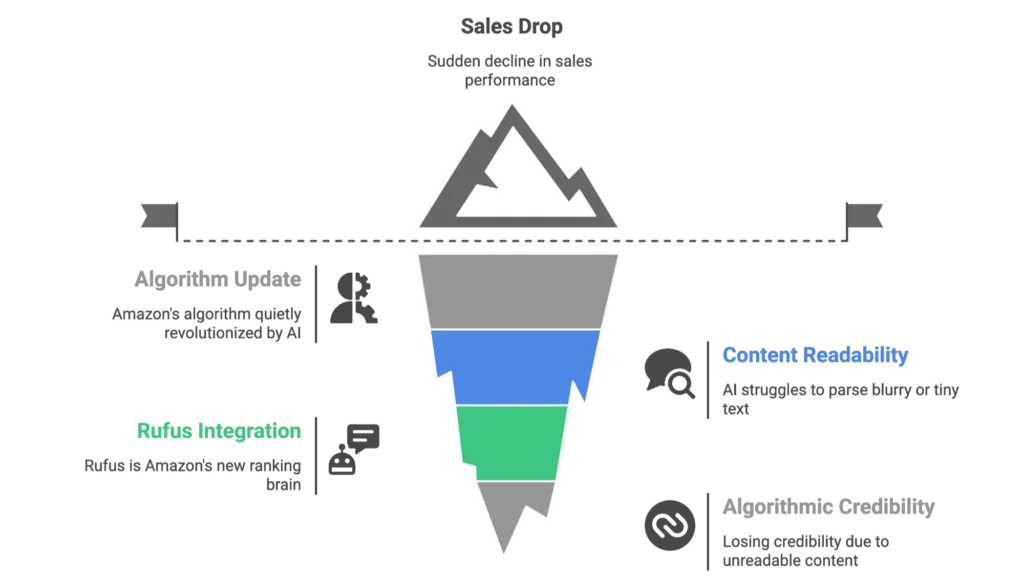 An iceberg graphic explains how a sudden sales drop is often caused by poor content and low keyword integration.