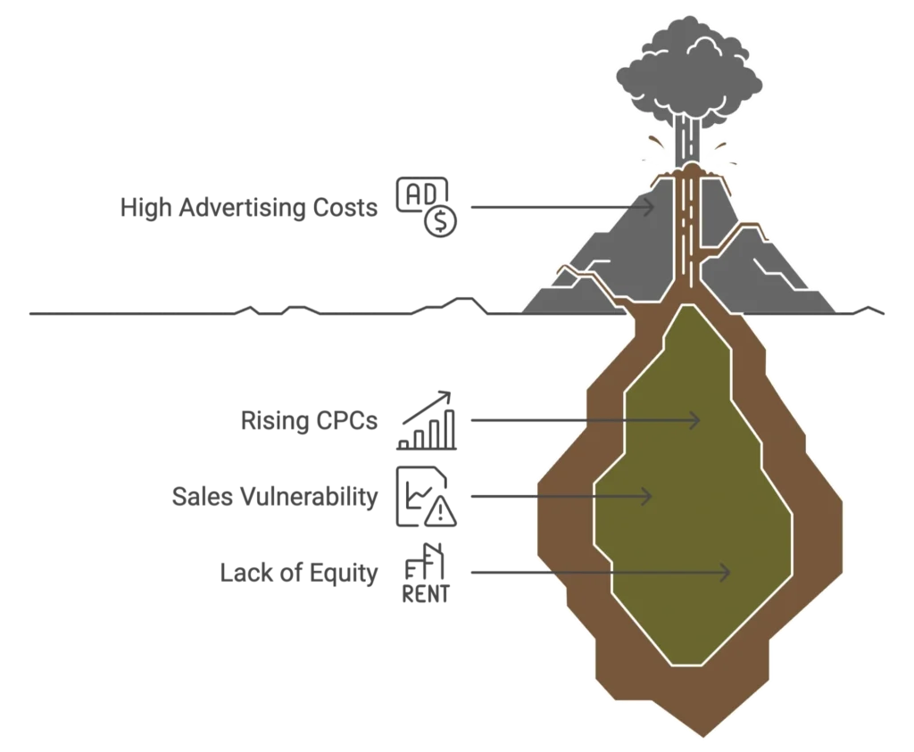 An underground root diagram shows how high advertising costs and rising CPCs create sales vulnerability.