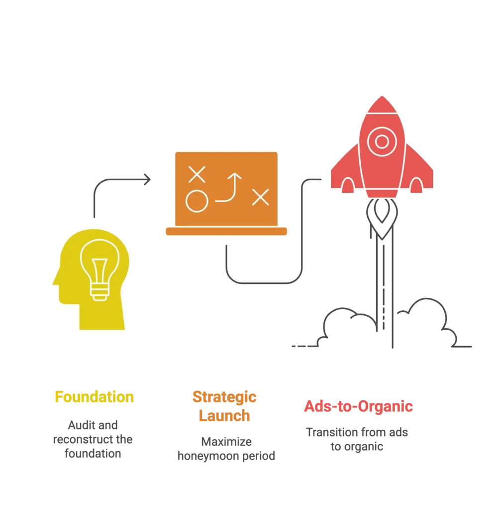 A rocket ship graphic displays the transition from ads to organic sales for an Amazon marketing agency.