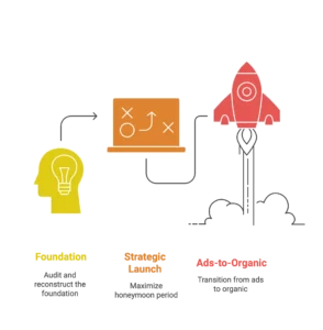 A rocket ship graphic displays the transition from ads to organic sales for an Amazon marketing agency.