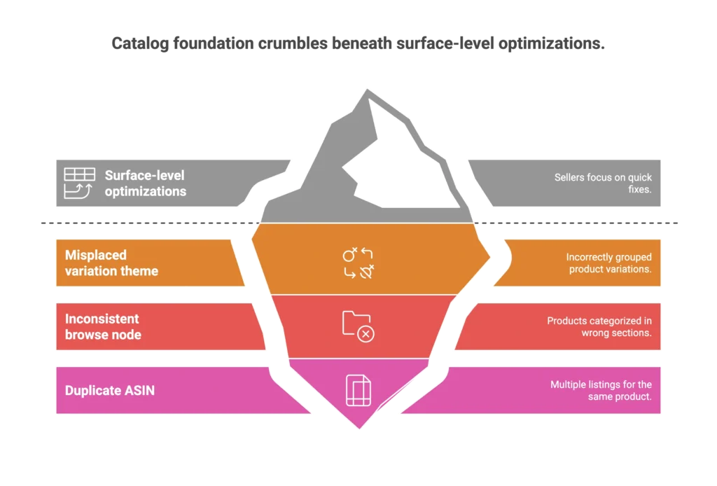 An iceberg graphic shows how a crumbling catalog foundation affects surface-level Amazon listing optimizations.