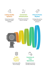 A colorful spiral diagram explains how a full service Amazon agency optimizes listing quality and conversion.