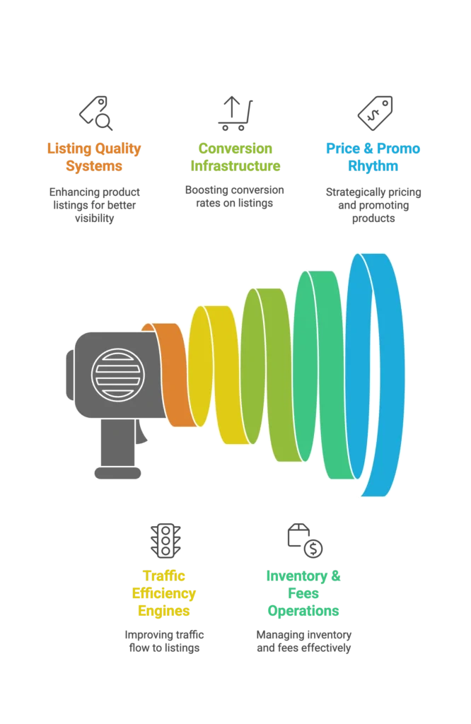 A colorful spiral diagram explains how a full service Amazon agency optimizes listing quality and conversion.