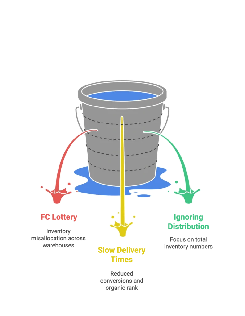 A leaking bucket illustrates inventory issues and slow delivery times affecting an Amazon seller agency.