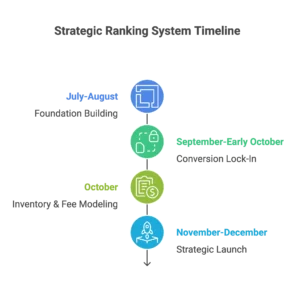 A vertical timeline illustrates a strategic ranking system for seasonal growth with an Amazon agency.