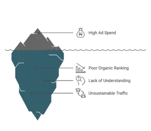 An iceberg diagram shows how high ad spend hides issues like poor organic ranking and unsustainable traffic.