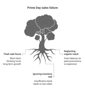 A tree graphic illustrates how neglecting organic reach causes sales failure for an Amazon marketing agency.