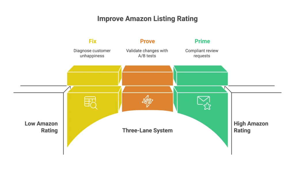 A three-lane system diagram shows how to improve listing ratings by diagnosing customer unhappiness.