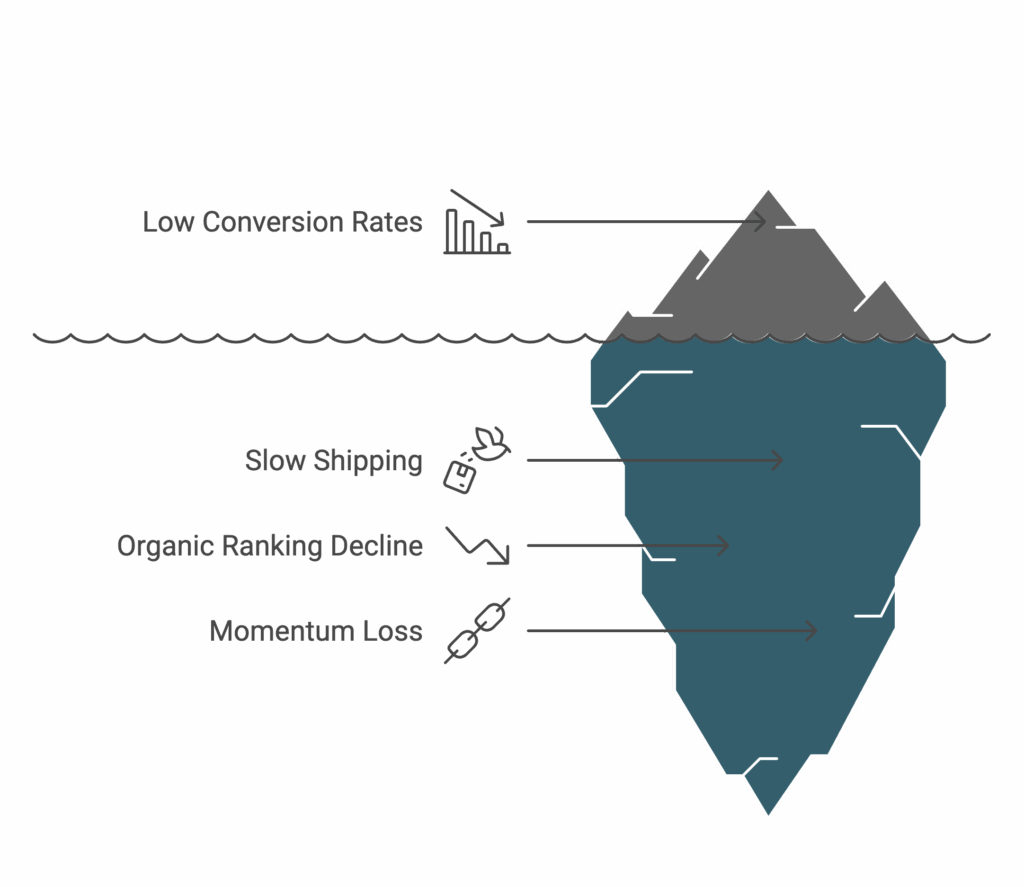 An iceberg diagram illustrates how slow shipping and low conversion rates cause momentum loss for sellers.