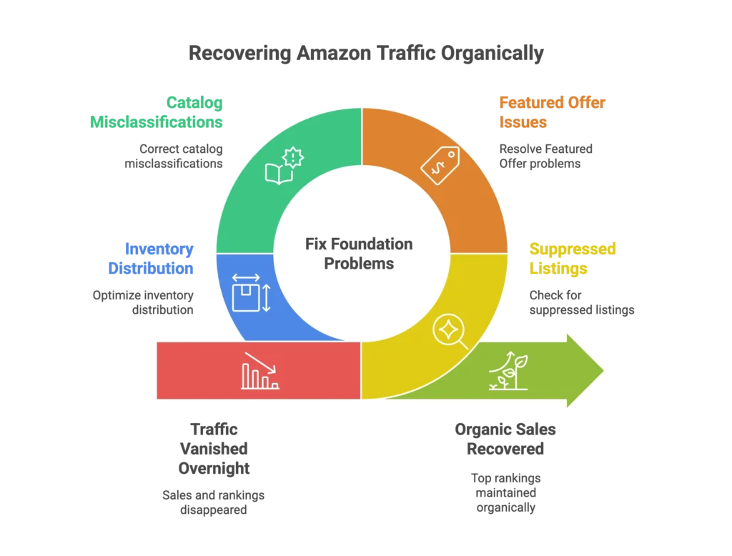 A circular diagram shows how to recover traffic organically by fixing foundation problems with an Amazon agency.
