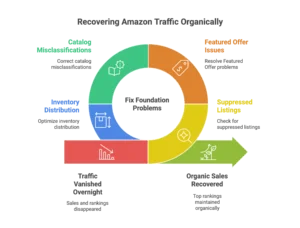 A circular diagram shows how to recover traffic organically by fixing foundation problems with an Amazon agency.