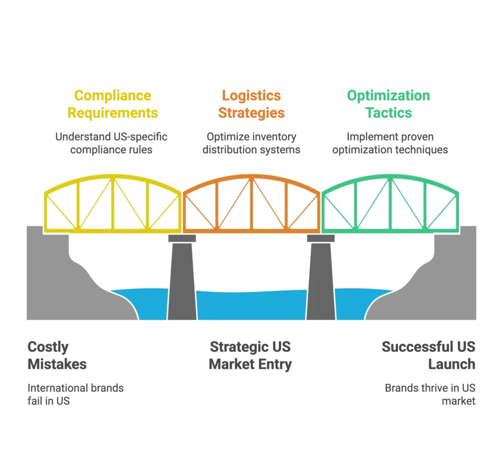 An illustration of a bridge shows the path to a successful US launch through compliance and logistics.