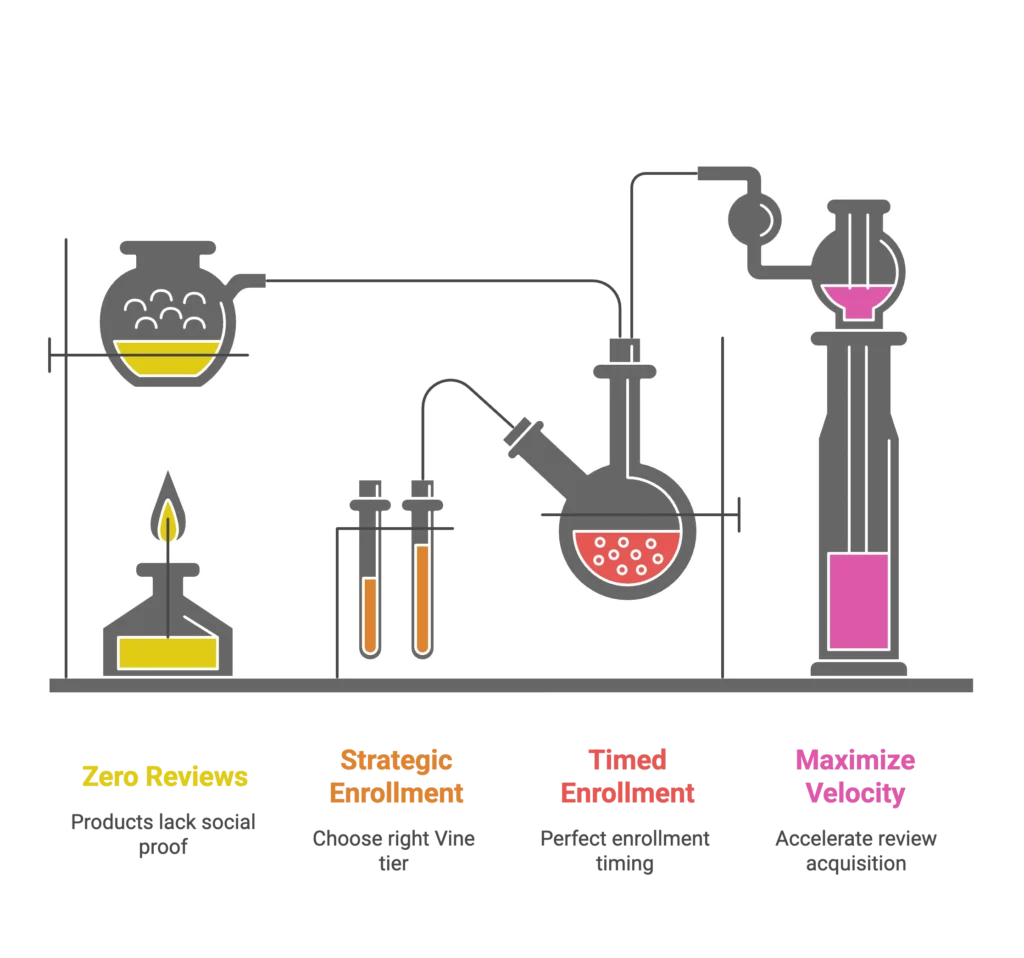 A chemistry lab illustration outlines the strategic enrollment and timing needed to maximize review velocity