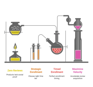 A chemistry lab illustration outlines the strategic enrollment and timing needed to maximize review velocity