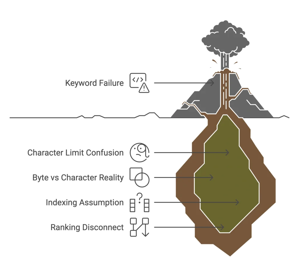 An illustration of a tree with roots shows how keyword failure and character limit confusion impact ranking.