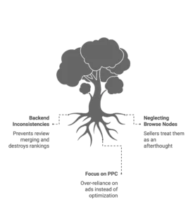 A tree diagram shows how neglecting browse nodes can destroy rankings for an Amazon advertising agency.