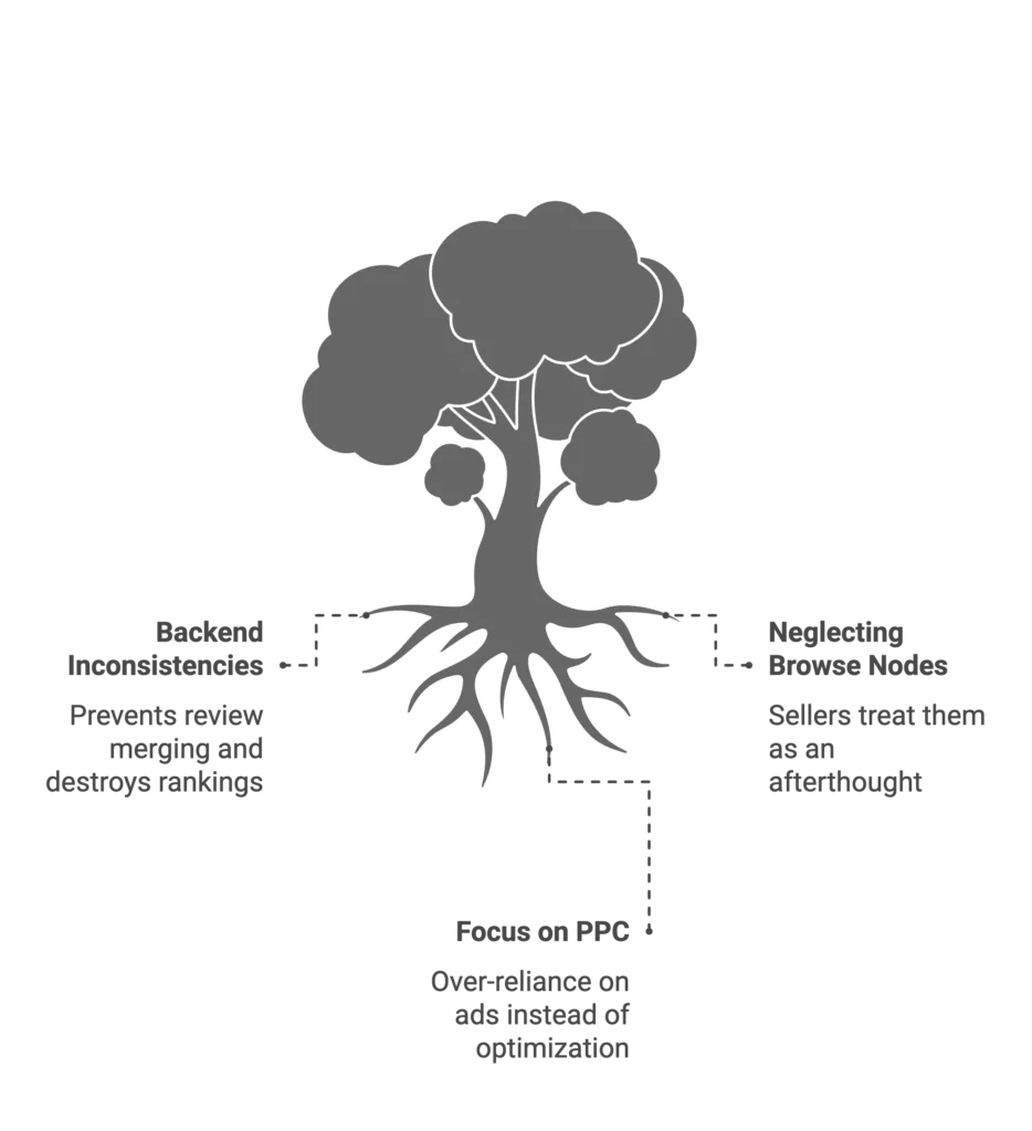 A tree diagram shows how neglecting browse nodes can destroy rankings for an Amazon advertising agency.