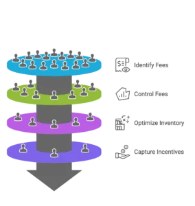 A process flow highlights fee identification and inventory optimization for an Amazon marketing agency.