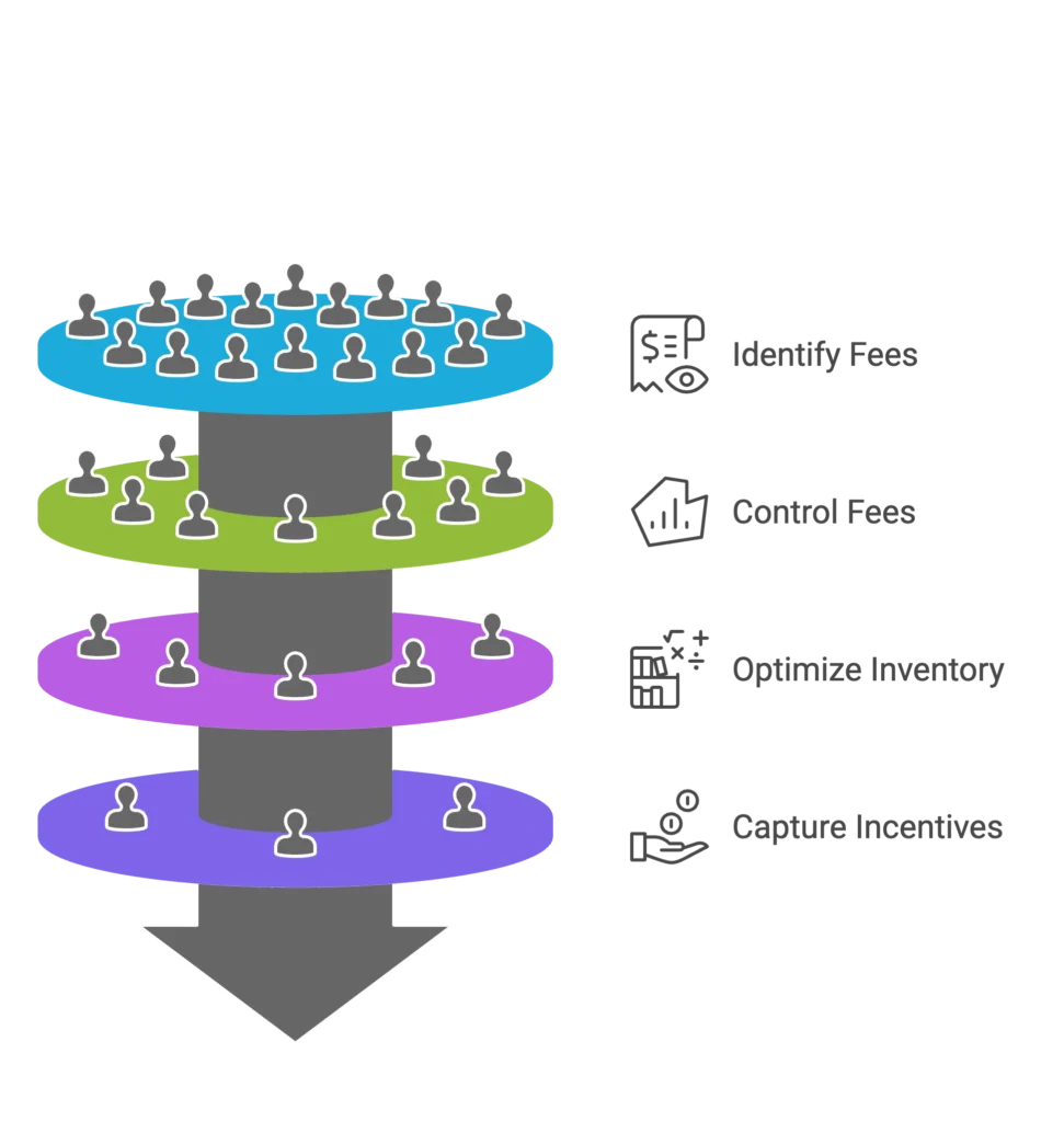 A process flow highlights fee identification and inventory optimization for an Amazon marketing agency.