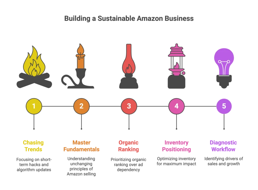 Five different light sources represent the stages of building a sustainable business with an Amazon agency.