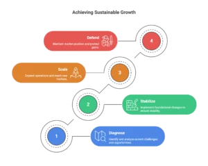 A circular path defines the steps to achieve sustainable growth from diagnosis to defending market position.