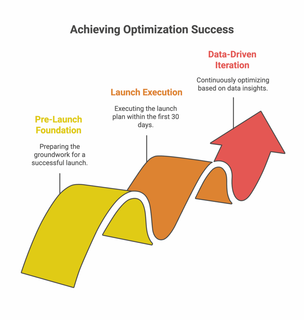 An orange arrow path outlines the steps to achieving optimization success through data-driven iterations.
