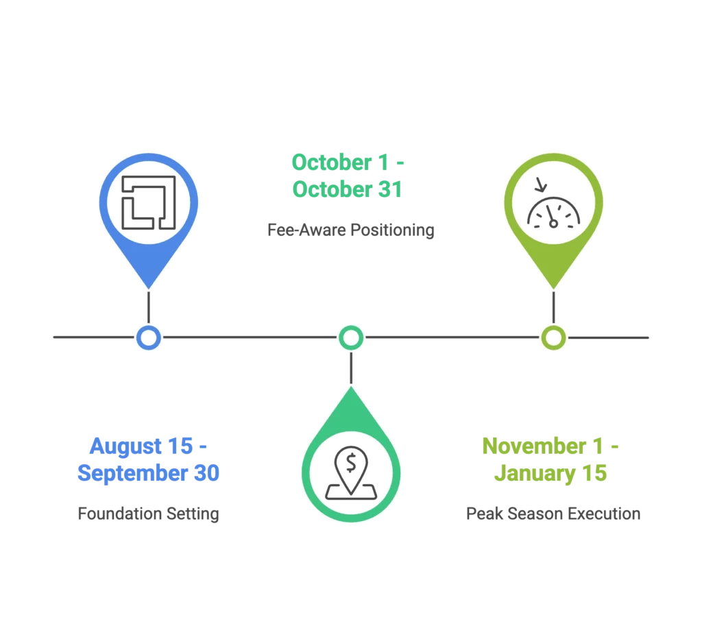 A horizontal roadmap shows seasonal positioning and execution dates for an Amazon seller agency.