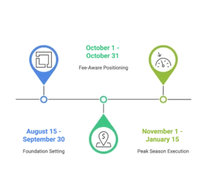 A horizontal roadmap shows seasonal positioning and execution dates for an Amazon seller agency.