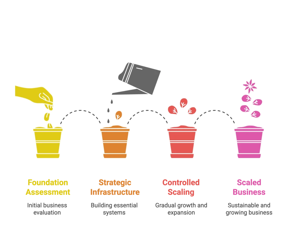 A process flow shows foundation assessment and controlled scaling managed by a full service Amazon agency.