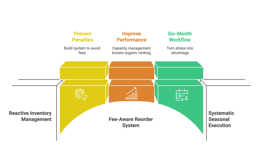 A fee-aware reorder system diagram shows how to prevent penalties and improve organic ranking.