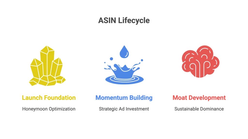A splash graphic shows the ASIN lifecycle from foundation to momentum building for an Amazon advertising agency.